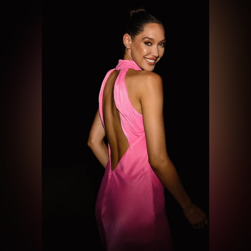 MESHKI Claire Satin Drape-Back Maxi Dress Pink Medium - Picture 1 of 6